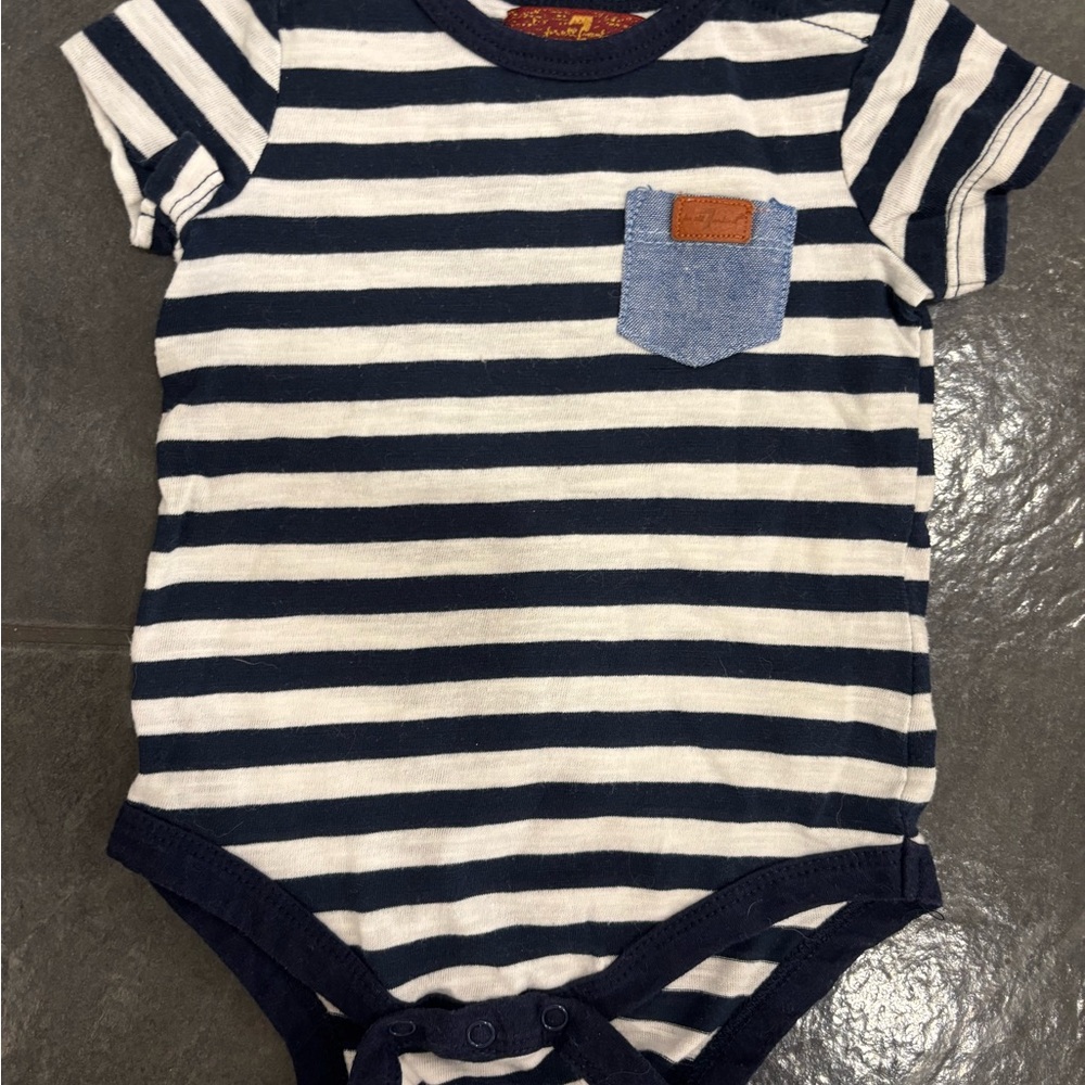 7 for all Man Kind Navy and White Striped Onesie 3-6 months but fits like 3month